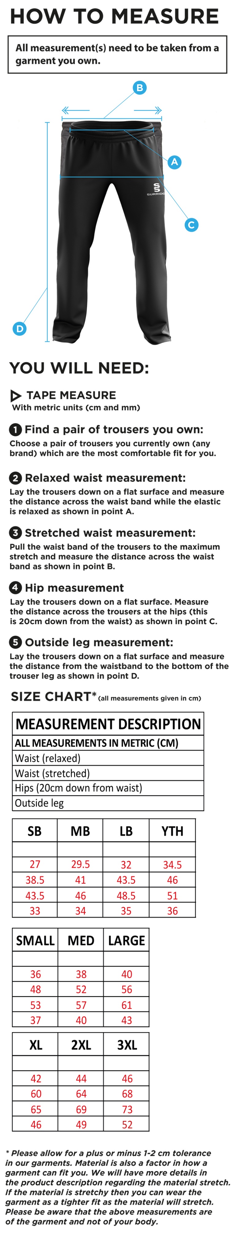 Farnham CC - Track Pants - Size Guide