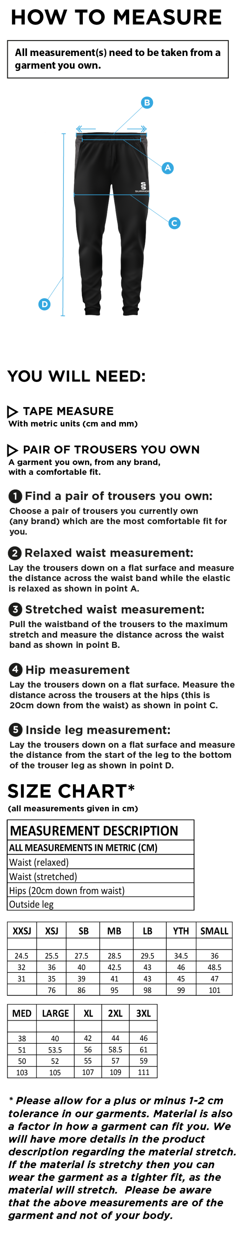 Farnham CC - Slim Training Pants - Size Guide