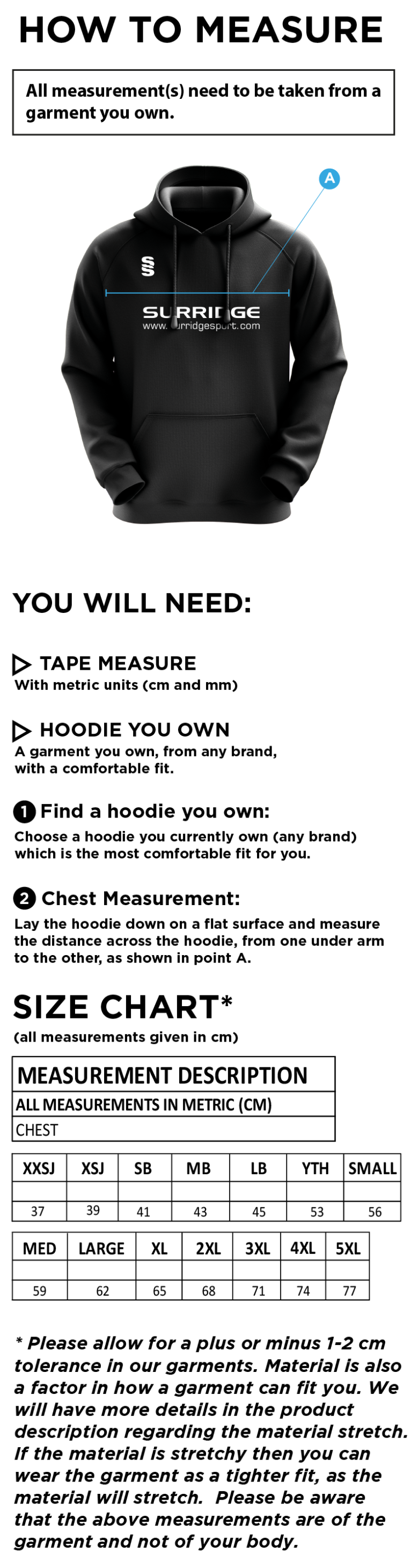 Farnham CC - Hoodie - Size Guide
