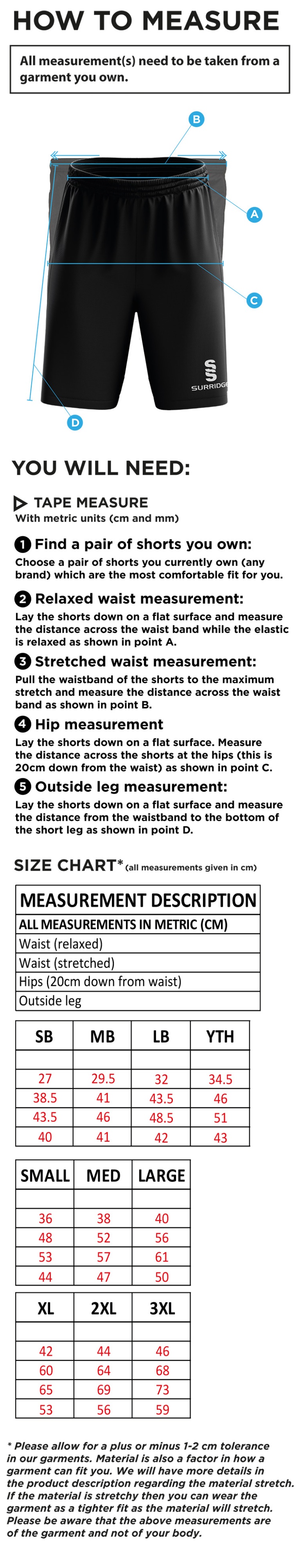 Farnham CC - Shorts - Size Guide
