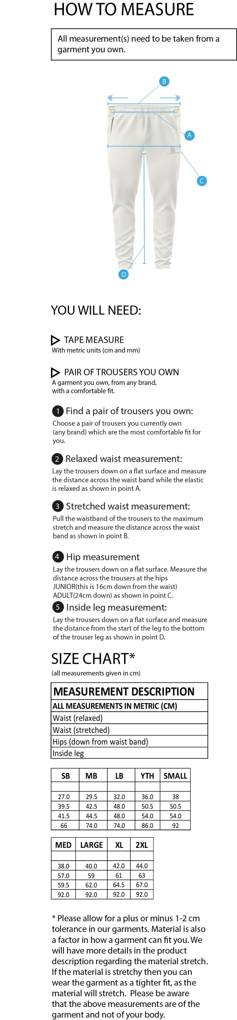 Farnham CC - Cricket Trousers - Size Guide