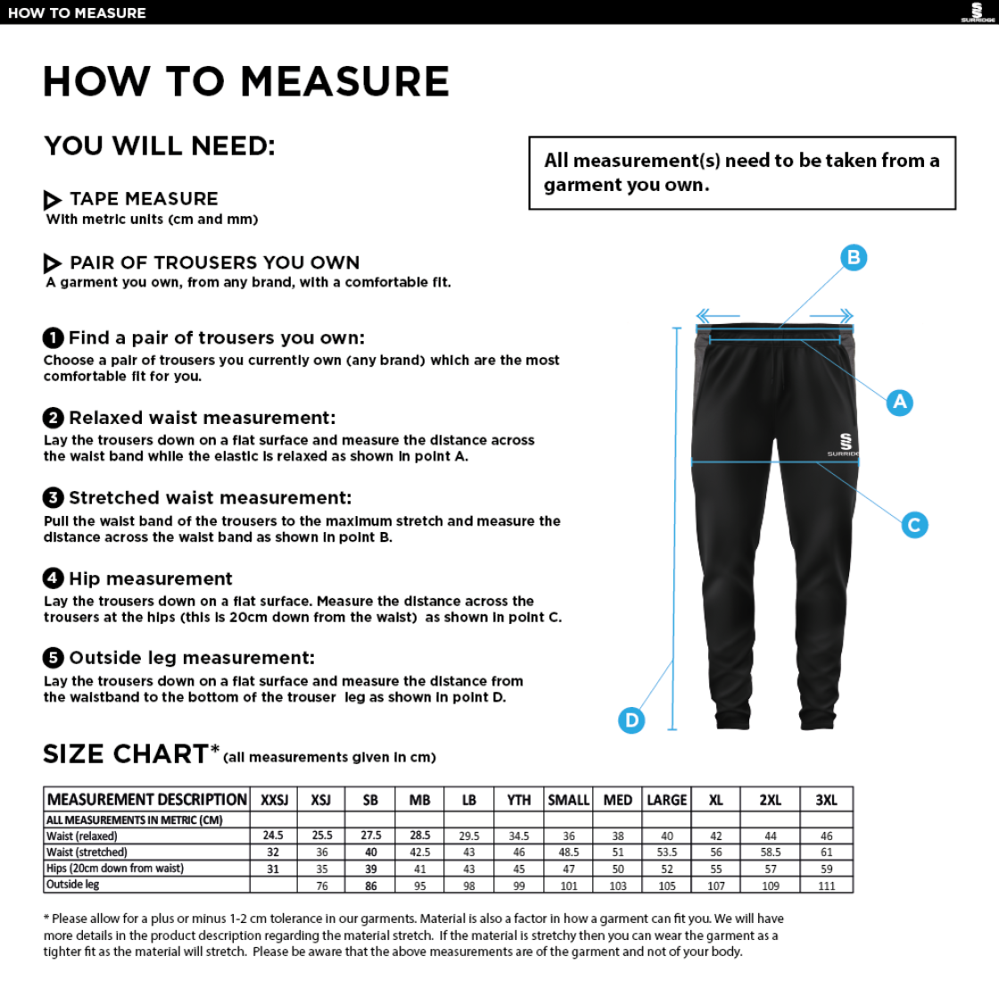 Farnham CC - Slim Training Pants - Size Guide