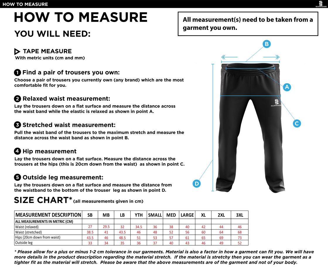 Farnham CC - Track Pants - Size Guide